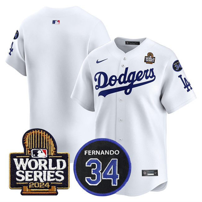 Los Angeles Dodgers Blank White 2024 World Series With Fernando Memorial Patch Limited Stitched Jersey